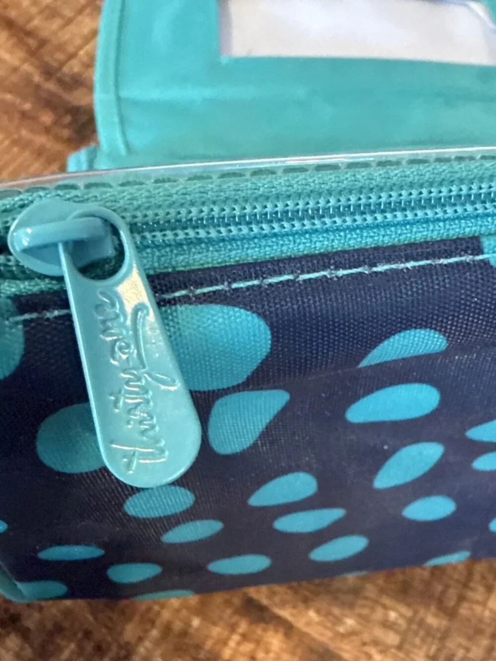Thirty One Mirror Makeup Cosmetics Bag Navy With Green Polka Dots Tri Fold